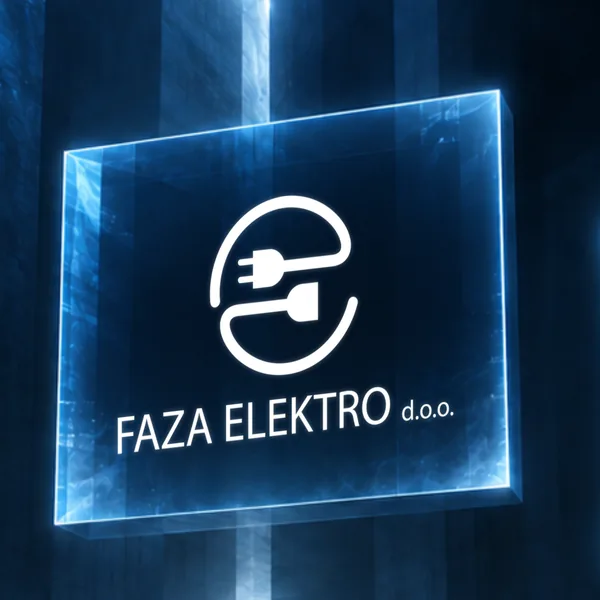 Logotip Faza Elektro na svetlečem modrem panelu