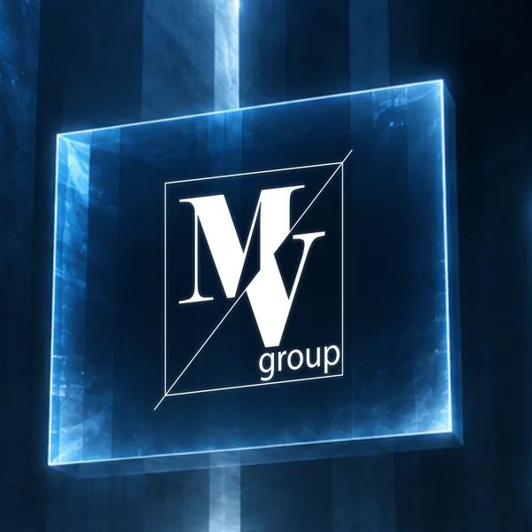 Logotip MV Group na svetlečem modrem panelu